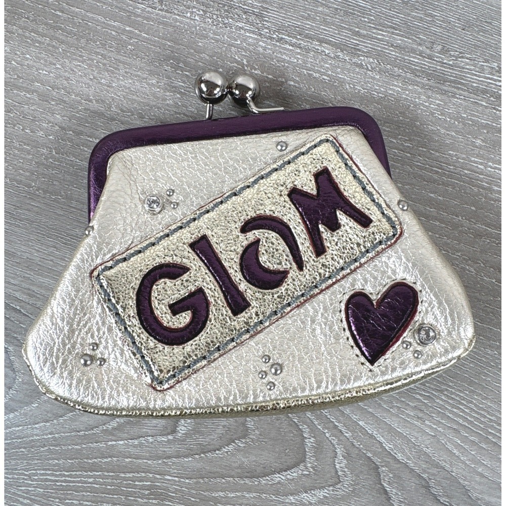 Metallic Gold Leather Glam Coin Purse Kiss Lock Purple Heart Crystal Studded